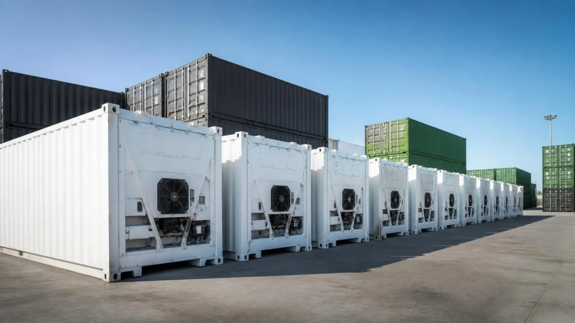 Fila de containers refrigerados y containers secos en un predio